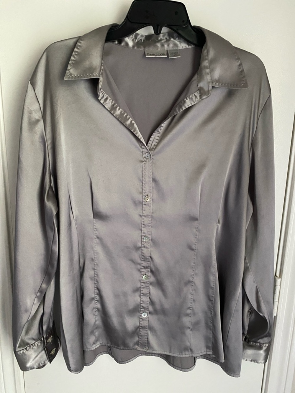 Chico's Satin-Look Silver Gray Button-Front Blouse
